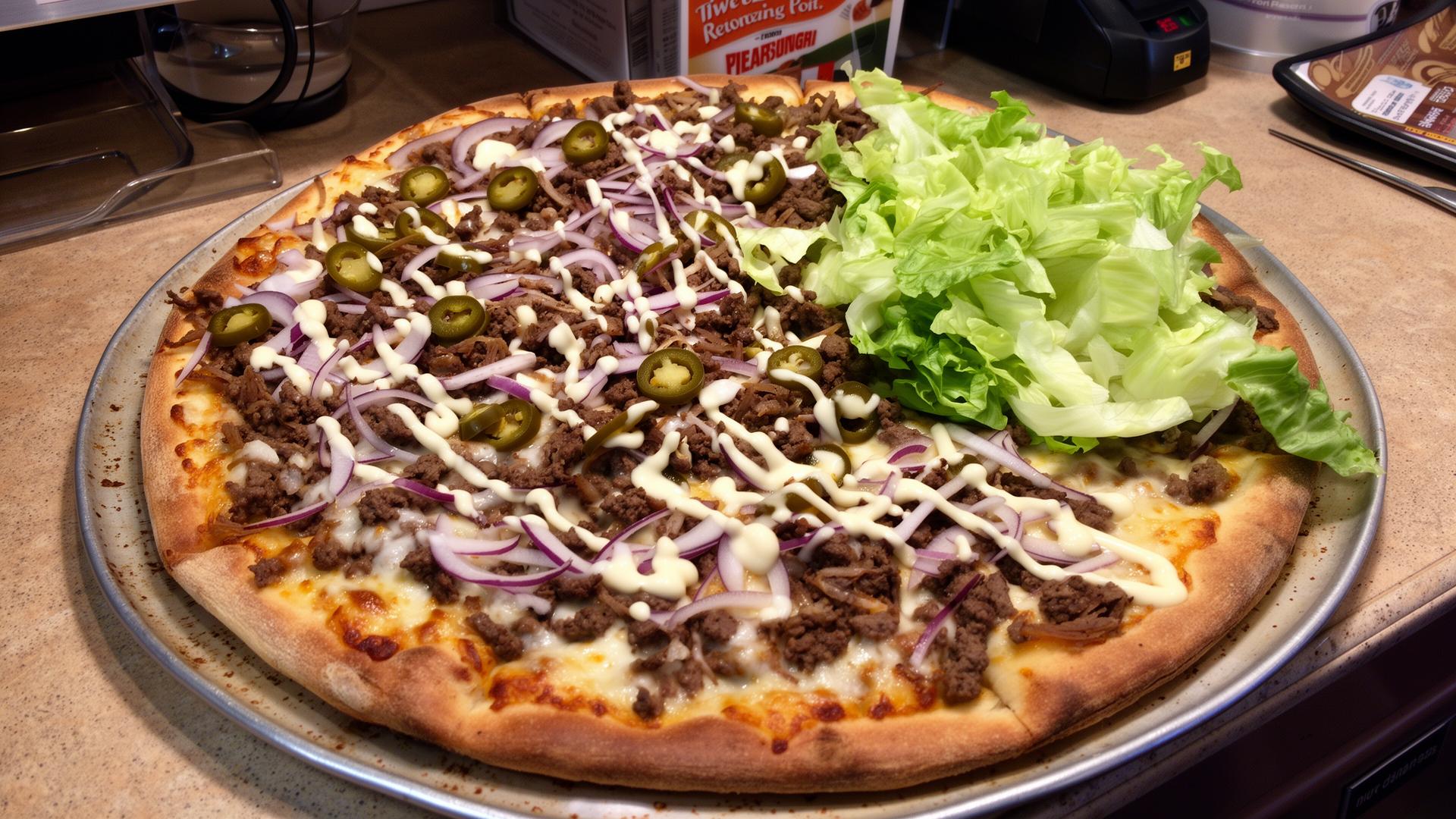Nybakad kebabpizza med sallad, lök och vitlökssås